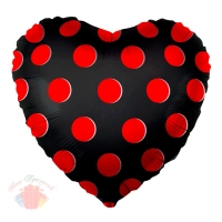 Шар 18/46 см Сердце, Красные точки, Черный, 1 шт.
