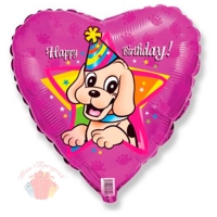 Воздушный шар (18''/46 см) Сердце, С Днем рождения (щенок в колпаке), Фуше, 1 шт.